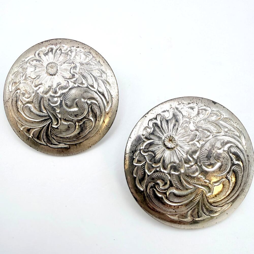 Vintage Silver Tone Round Floral Scroll Engraved Dome Pierced Earrings Statement